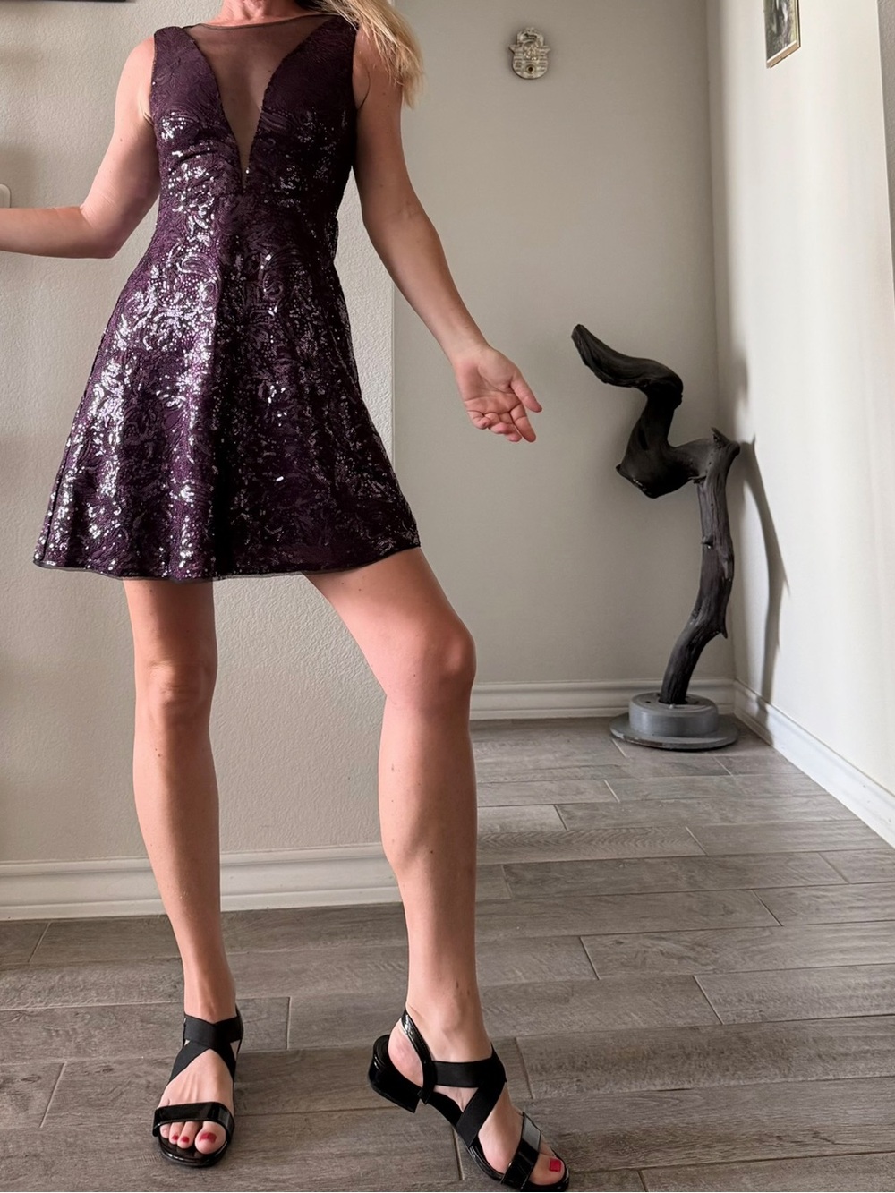 Elegant Deep Plum Sequin Fit & Flare Dress, size S